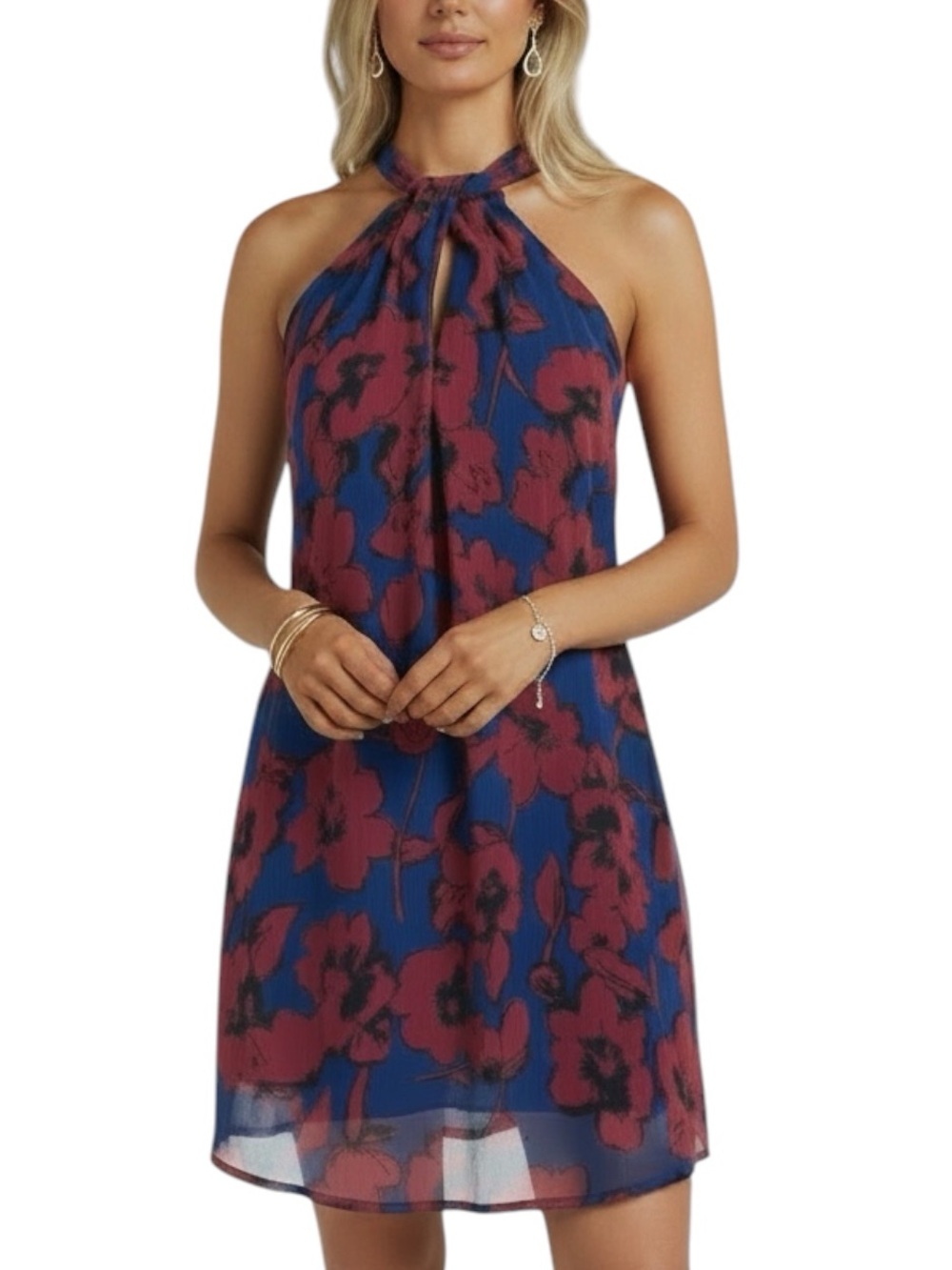 ASTR Blue & Red Floral Sleeveless Halter Lined Dress Size Small